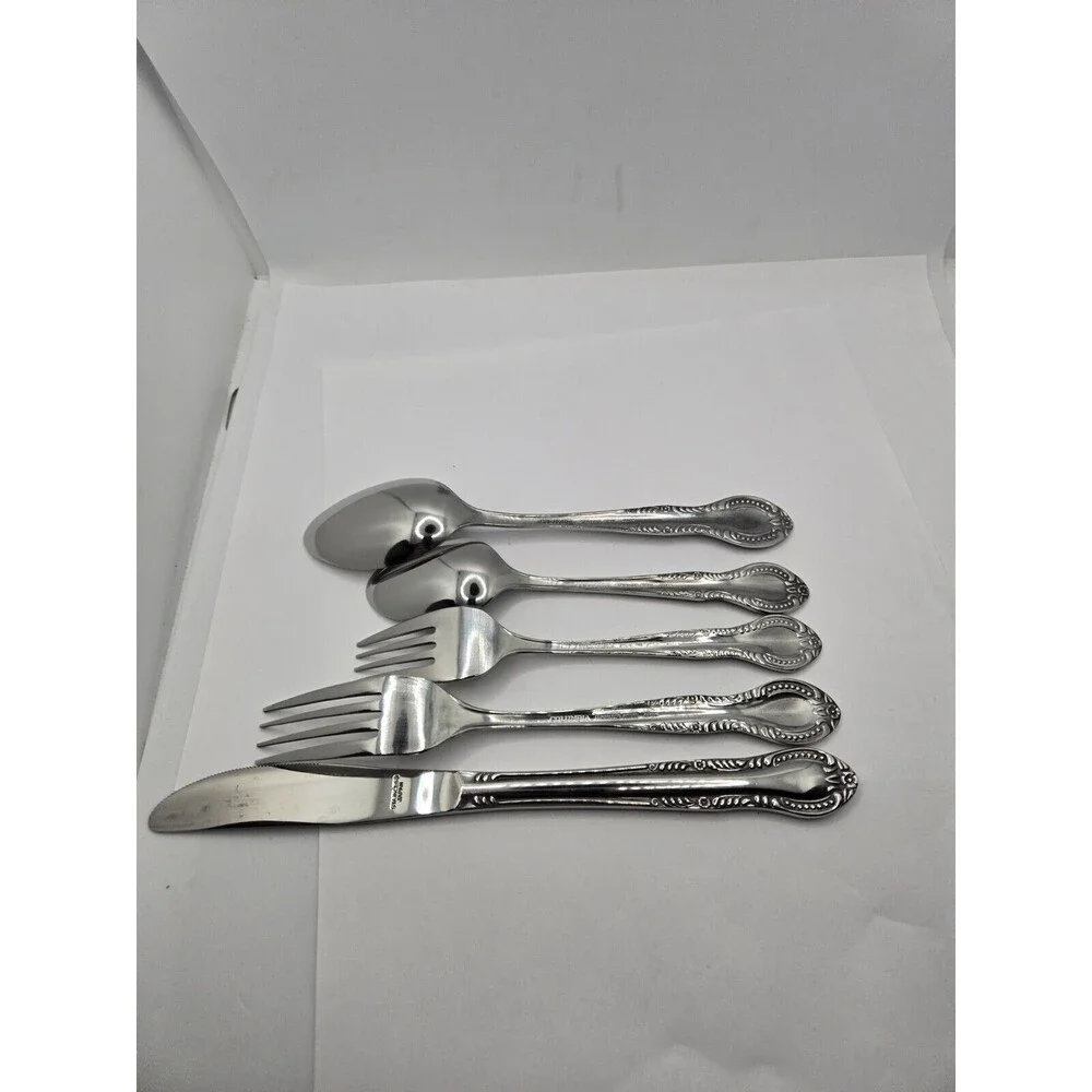 Vintage Stainless Flatware Spoon Knife Fork Columbia Japan Beaded Edge Set of 20